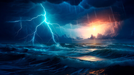 storm and lightning in sea. lightning and storm clouds in the sky.