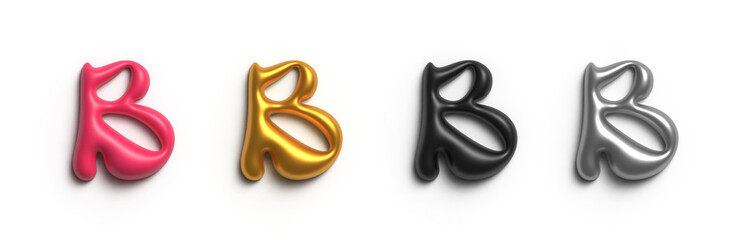 Pink, gold, black plastic, silver, pewter, metal, english letter B. Set of volumetric handdrawn 3D greek letter Beta for poster, header, wallpaper, screensaver. Design element. Decorative bold font