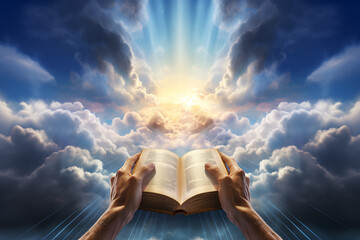 open sacred book against a backdrop of heavenly light and clouds - obrazy, fototapety, plakaty
