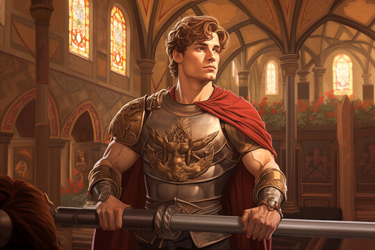 heroic knight in ornate armor standing in a church with stained glass windows