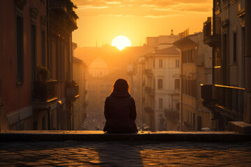 lonely and sad woman woman in an old european city at sunrise - obrazy, fototapety, plakaty