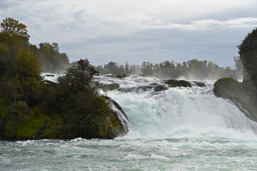 View of Rhine falls (Rheinfalls), the largest plain waterfall in Europe. It is located in northern Switzerland.