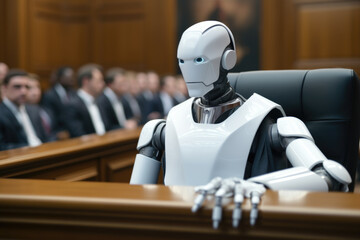 Humanoid robot sitting in courtroom - obrazy, fototapety, plakaty