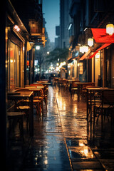 Street restaurant at rainy night. - obrazy, fototapety, plakaty