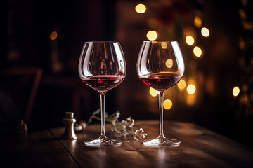 elegant red wine glasses on a wooden table with warm bokeh lights background