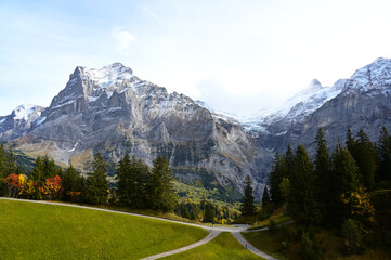Fototapeta na wymiar View of the Bernese Alps mountain range landscape near the Jungfrau, Grindelwald, Switzerland.