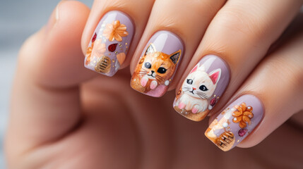 Acrylic Nails with Cute Cats Art and Boho Florals, Artistic Nail Designs And Manicure. Photography Of Female Nails With Cats. Generative AI - obrazy, fototapety, plakaty