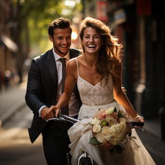 joyful bride and groom riding a bicycle in urban setting