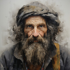 Portrait of a man 50-60 years old, hobo, homeless. - obrazy, fototapety, plakaty