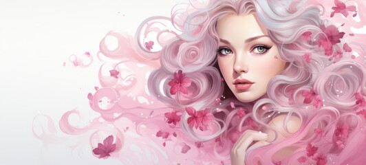 Beautiful Christmas woman in pink and pastel colors illustration in white background. Winter holidays. Horizontal format for banners, posters, advertising, gift cards. AI generated.