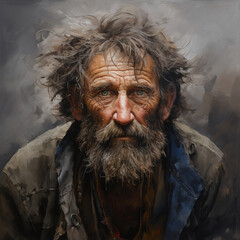 Portrait of a man 50-60 years old, hobo, homeless. - obrazy, fototapety, plakaty