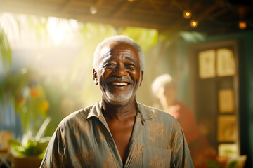 Fototapeta premium Happy smiling elderly black man. African elderly man. Elderly African American man Old person. AI.