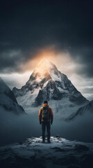 person standing on top of the epic snowy mountain, feeling challenged but prepared, vertical orientation - obrazy, fototapety, plakaty