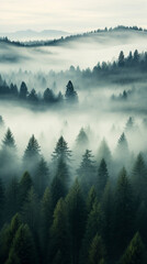 drone photo of a forest in Oregon and the Pacific Northwest on a foggy day, vertical orientation for social platforms 