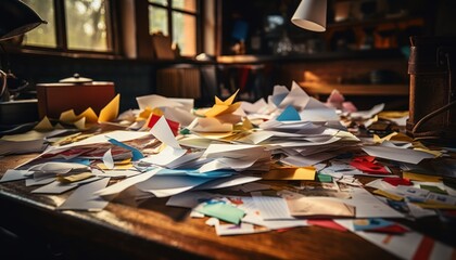 Photo of a Chaos of Papers: The Cluttered Desk of a Creative Mind - obrazy, fototapety, plakaty