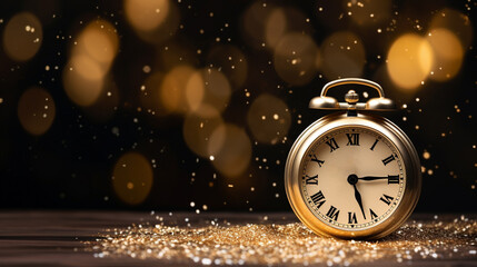 Fototapeta na wymiar Gold Antique Clock against a Gold Shimmer Bokeh Background New Year Concept