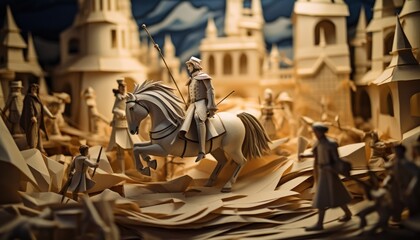 Fototapeta na wymiar Photo of a Majestic Paper Sculpture of a Gallant Man Riding a Noble Horse