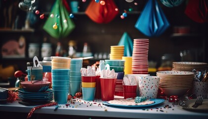 Photo of a Vibrant Display of Colorful Cups and Plates on a Table