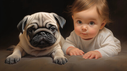 Maravilla Compartida: Las Aventuras de un Bebé Curioso y su Amigo, un Cachorro de Pug, IA Generado - obrazy, fototapety, plakaty
