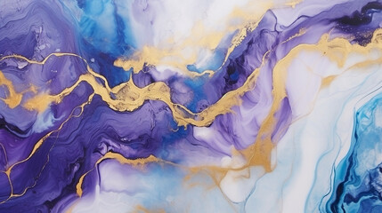 Pintura de arte fluida abstrata de luxo em técnica de tinta alcoólica, mistura de tintas azuis e roxas. Imitação de corte de pedra de mármore, veios dourados brilhantes - obrazy, fototapety, plakaty