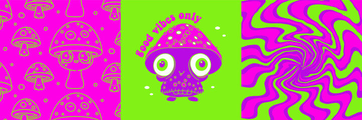 Alien Magic Mushrooms Psychedelic for mascot cards with wavy fluid backgrounds and patterns. 90s neon vector design.