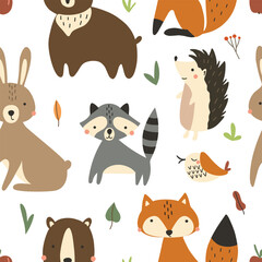 Seamless pattern of cute woodland animals and birds with natural elements. Vector illustration for nursery and textile decoration