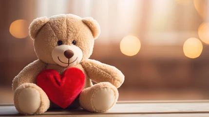Fotobehang bear plush holding a heart on wooden table, generative ai © AIGen