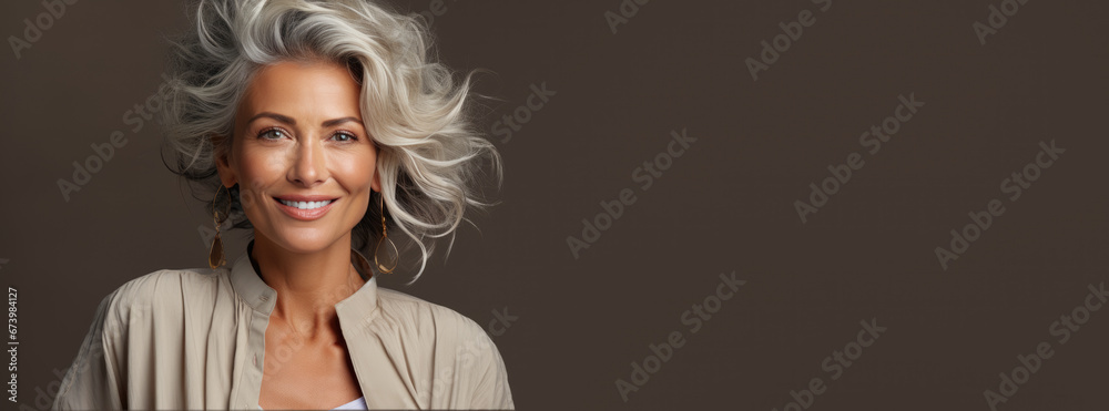 Wall mural happy beautiful mid aged woman on color background, generative ai