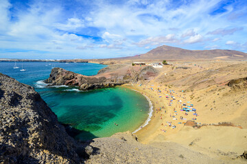 Beautiful day over Playa the Papagayo beach on Lanzarote island - Canaries - Spain - obrazy, fototapety, plakaty