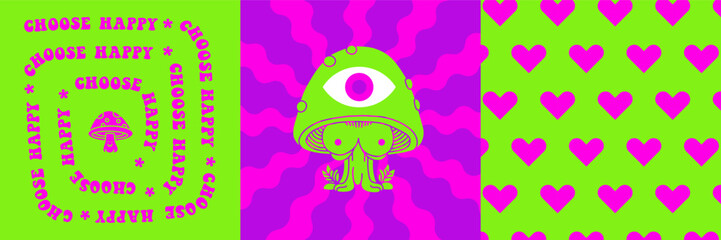 Neon psychedelic hippy cover set with mushroom and single eye. Hallucination elements hearts pattern and Choose happy typography. Groovy vector hallucination cards design