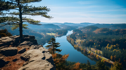 A photo of the Saxon Switzerland National Park, with towering sandstone formations as the background, during an autumn foliage hike