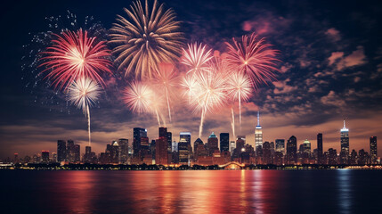 American fireworks, night sky and cityscape