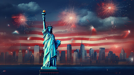 Fototapeta premium fourth of July fireworks, with Statue of Liberty and American flag background 