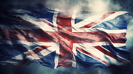 union jack flag in fog and smoke, pride and victory, British flag - obrazy, fototapety, plakaty