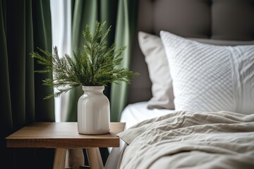 Cozy scandinavian stylish bedroom. Bed with white and beige pillows and blanket, green curtains, natural spruce branches in a vase on a wooden table closeup. Сhristmas and new year's eco home decor