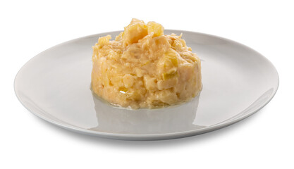 Leek and potato stew in dish isolated