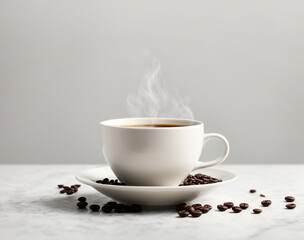cup of coffee with beans on white background, isolated