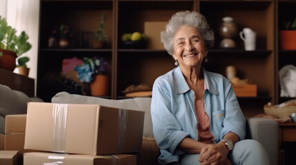 Happy senior middle 60s aged woman at home with card boxes. Relocation, hospice, new home - obrazy, fototapety, plakaty