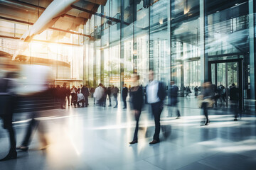 Blurred Silhouettes of Business People in lobby of modern business center. Abstract light motion blur effects