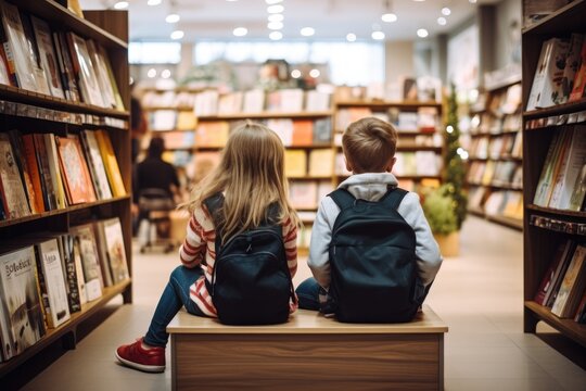 Image taken from behind, Schoolchildren sitting in a bookstore, looking at shelves filled with books, 