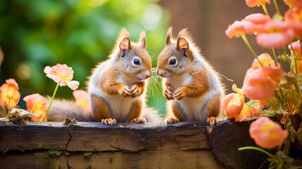 Two squirrels in spring forest. Eurasian red squirrel, Sciurus vulgaris. Squirrels sitting on a wooden fence with flowers in the background. 