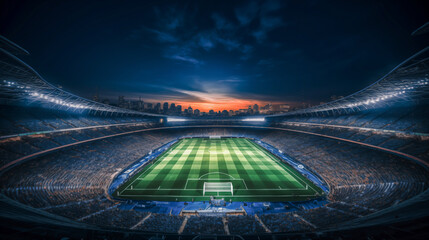 Evening view of a large football stadium full of fans and stands. Beautiful view of a large football stadium with bright lights at night.  - obrazy, fototapety, plakaty