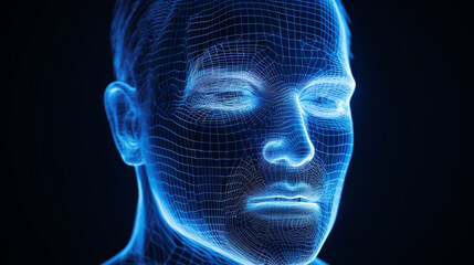 grid generated on the human head, blue color wireframe, and dark background