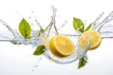 Fresh lemon with green leaves in water splash, isolated on white background
