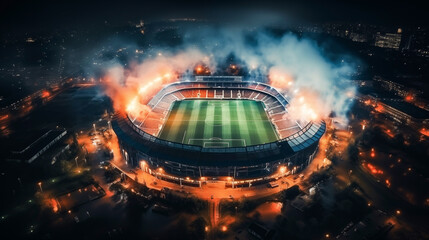 Aerial view of the football stadium at night. Smoke coming from football fans' torches.