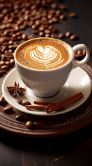 cup of coffee, latte, on a white saucer, surrounded by coffee beans, vertical orientation