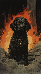 Black Labrador Sitting front of flames