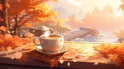 Naklejka na ściany i meble a hot latte with autumn leaves