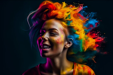Fototapeta na wymiar portrait of a girl from the head splashes of paint on a black background, idea, inspiration, art, artist