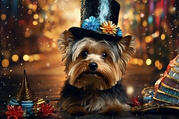 cute yorkie dog greeting card - obrazy, fototapety, plakaty